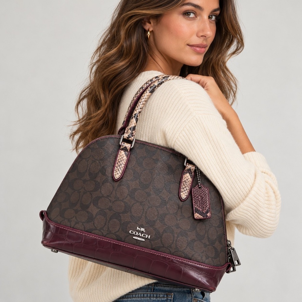 Coach Signature Sierra Dome Satchel Bag Exotic Mixed Trim Snake Oxblood F38246